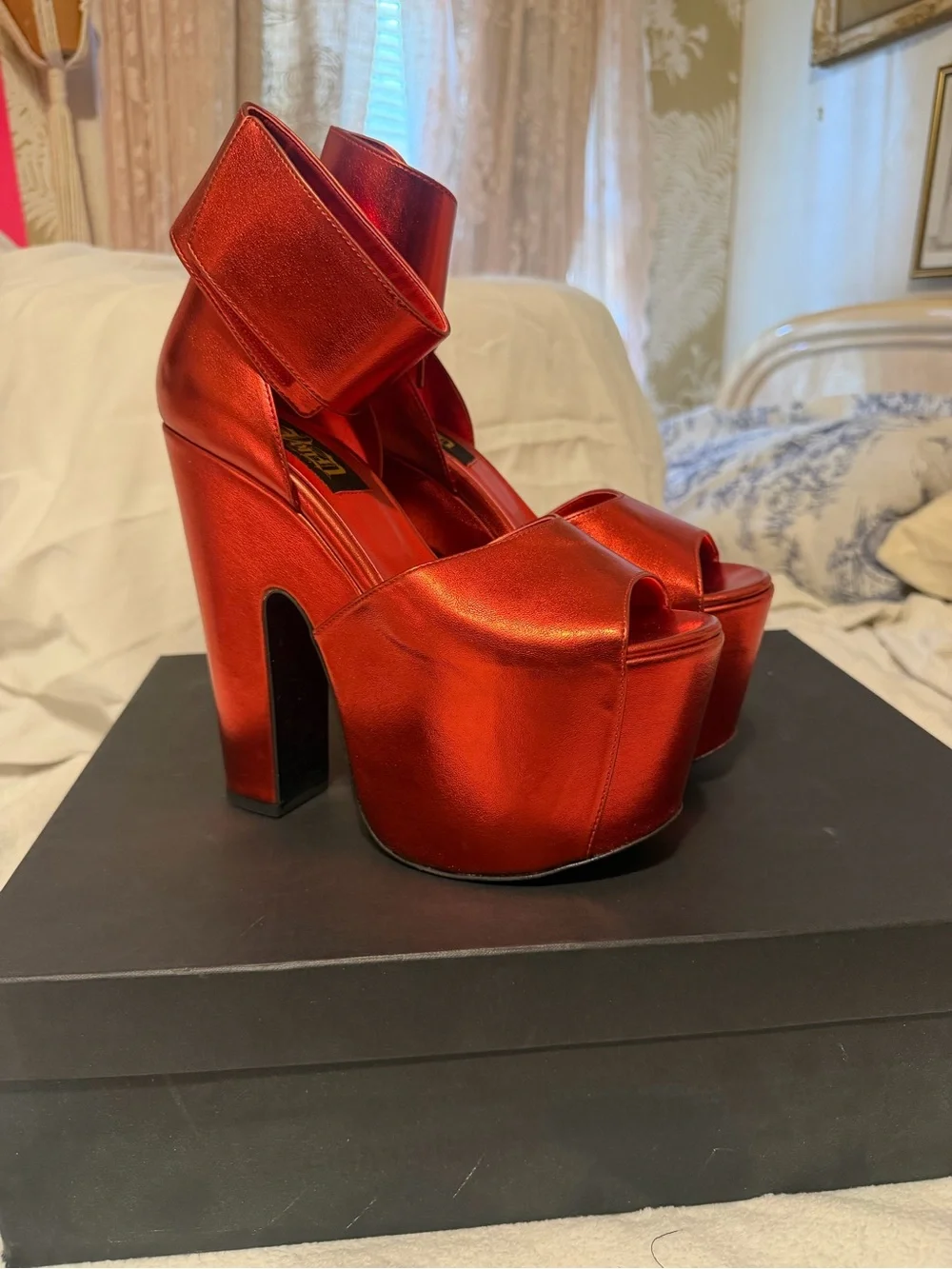 Metallic Red Platform Peep-Toe Ankle-Strap Heels